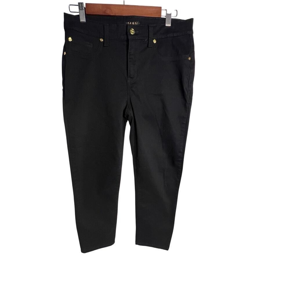 IMAN women's size 10 gothic black Y2K stretch goldtone logo buttons ankle pant